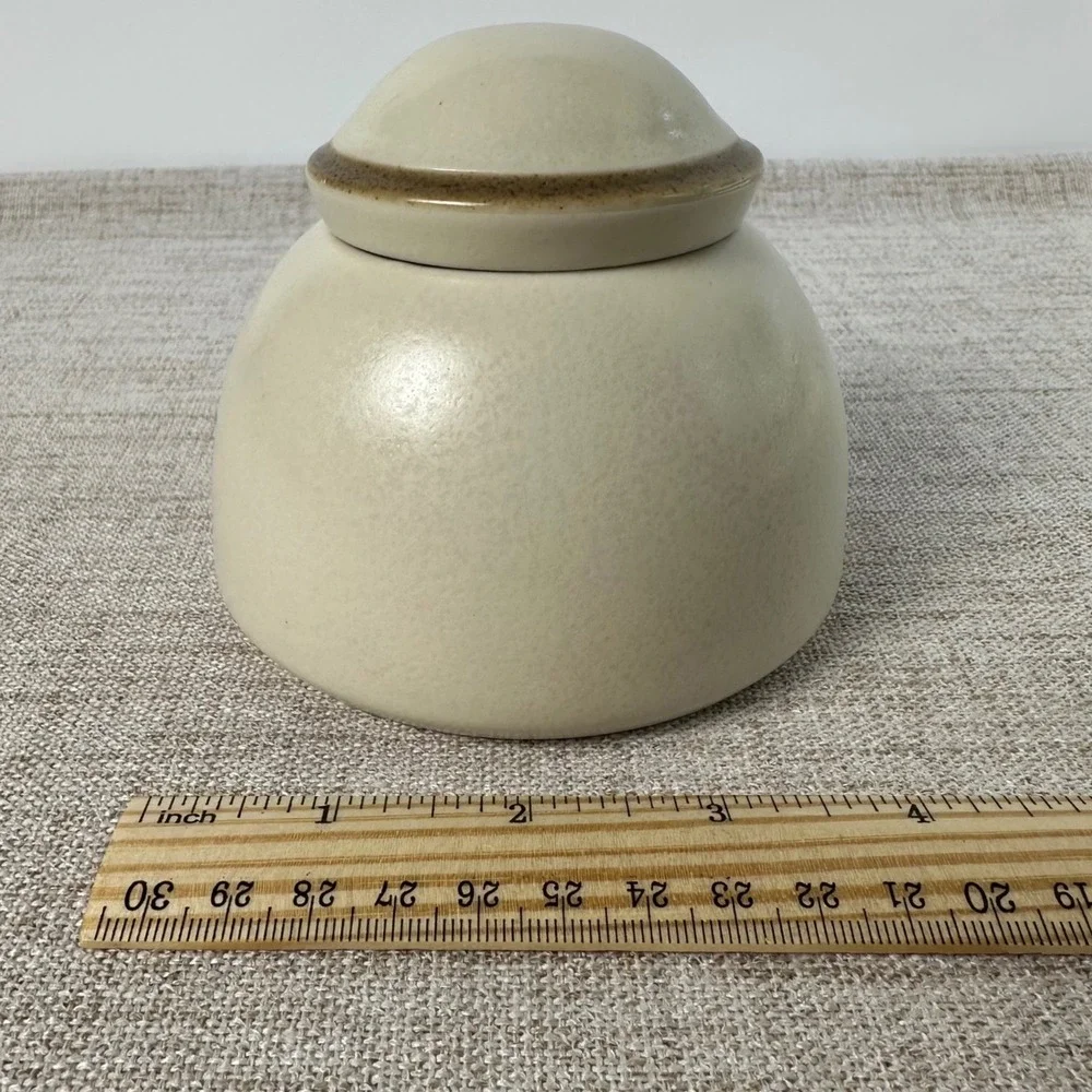 Dansk Santiago White Lidded Sugar Bowl | Cream Beige Ceramic Tan Trim